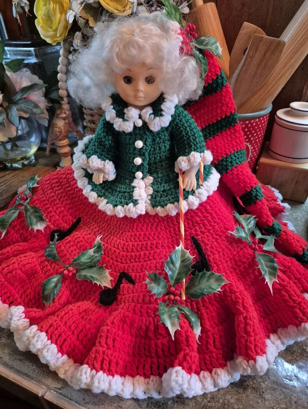 Vintage Christmas Pointsettia Large Crocheted Doll Full Size W/Moveable Limbs